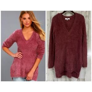 Jack BB‎ Dakota Pam Size Medium Mauve Pink Eyelash Sweater Vneck Hi Lo Hem Slits